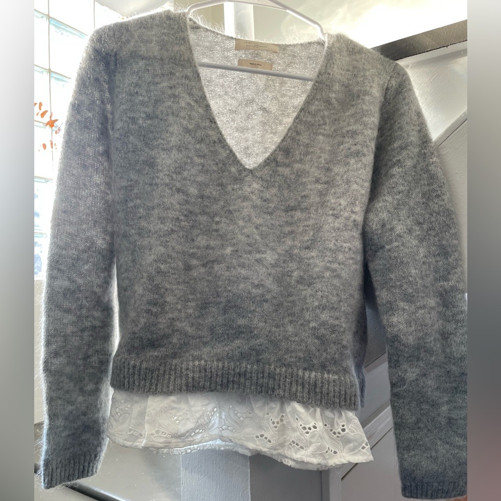 Sezane grey sweater with incorporated white eyelet detail